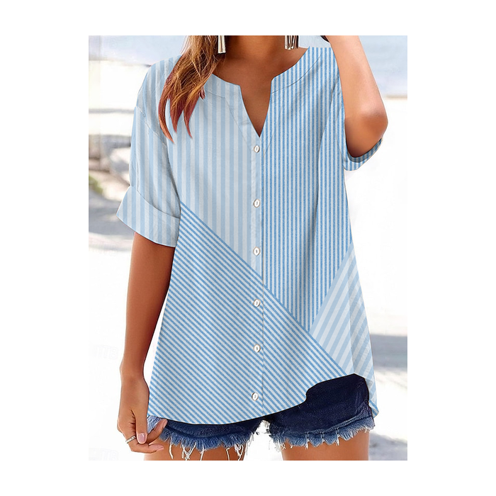 Women Striped Short Sleeve Shirt Summer Printing V Neck Daily Casual Top