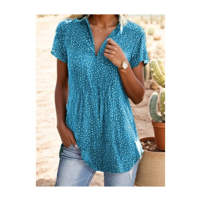 Women's Short Sleeve Blouse Summer Polka Dots Cotton Shirt Collar Daily Going Out Casual Top Green