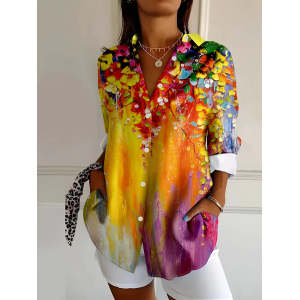 Women Floral Long Sleeve Shirt Spring/Fall Buckle Shirt Collar Daily Casual Top