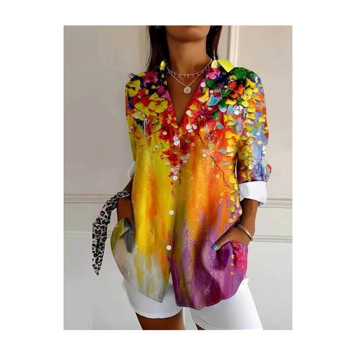 Women Floral Long Sleeve Shirt Spring/Fall Buckle Shirt Collar Daily Casual Top