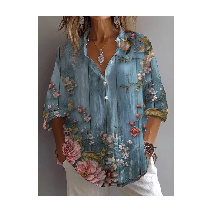 Women Ombre Long Sleeve Shirt Spring/Fall Printing Shirt Collar Daily Casual Top