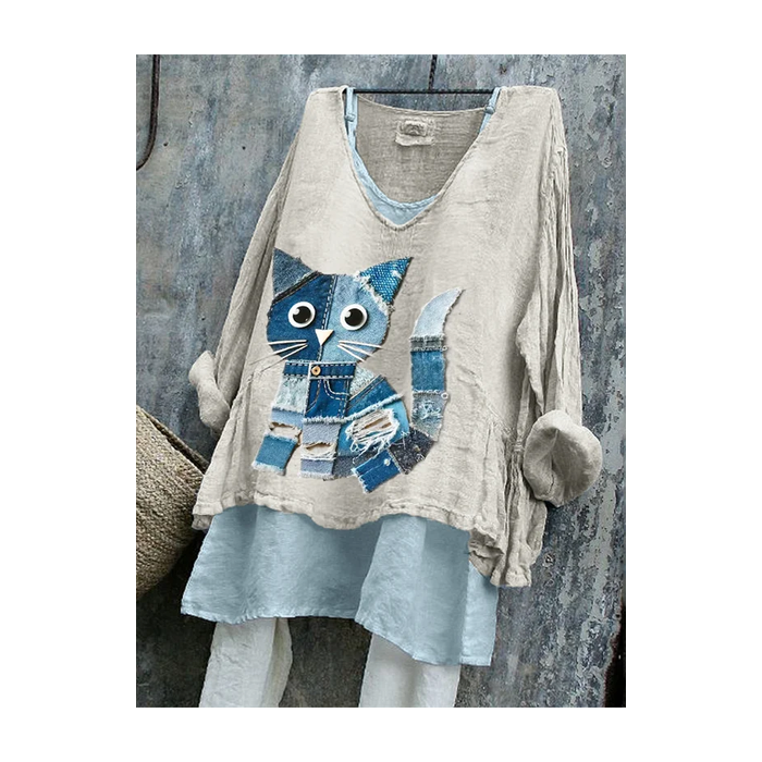 Women Cat Long Sleeve Blouse Spring/Fall Printing V Neck Daily Casual Top