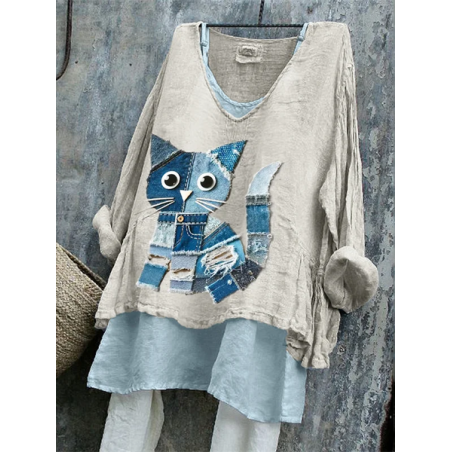 Women Cat Long Sleeve Blouse Spring/Fall Printing V Neck Daily Casual Top