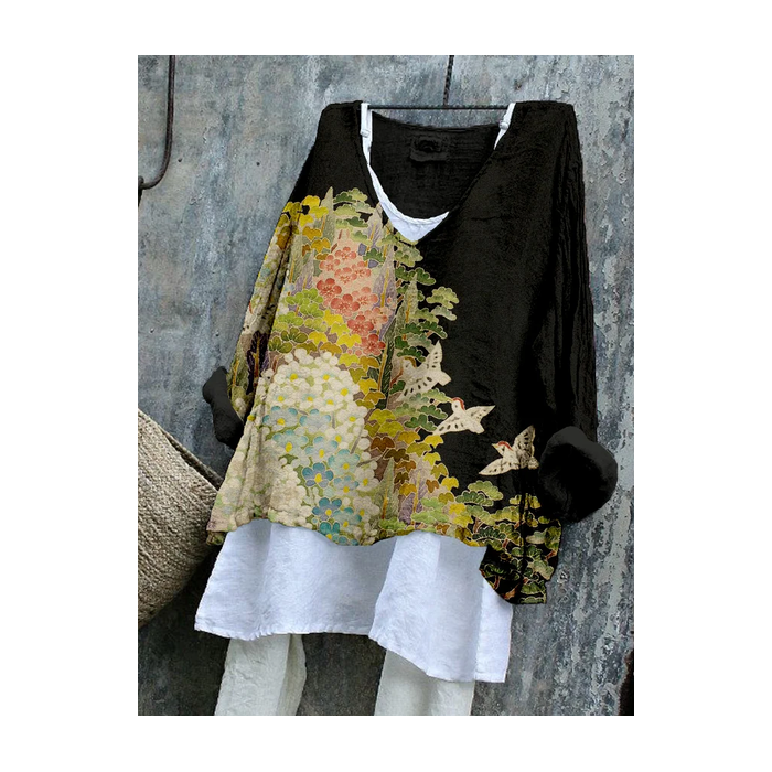 Women Floral Long Sleeve Blouse Spring/Fall Printing V Neck Daily Casual Top