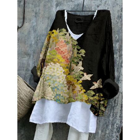 Women Floral Long Sleeve Blouse Spring/Fall Printing V Neck Daily Casual Top