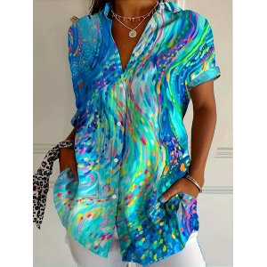 Women Abstract Short Sleeve Shirt Summer Printing Shirt Collar Daily Casual Top