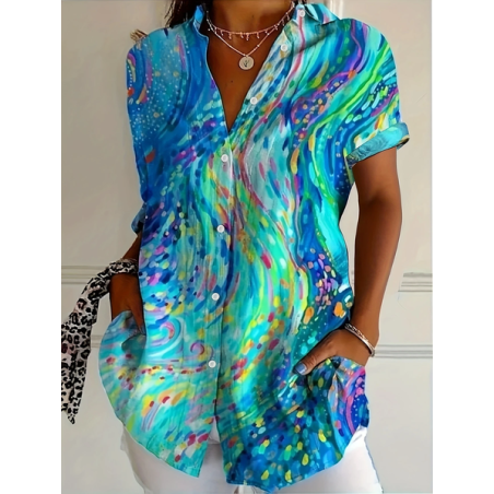 Women Abstract Short Sleeve Shirt Summer Printing Shirt Collar Daily Casual Top