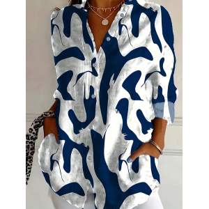 Women Abstract Long Sleeve Shirt Spring/Fall Buckle Shirt Collar Daily Casual Top