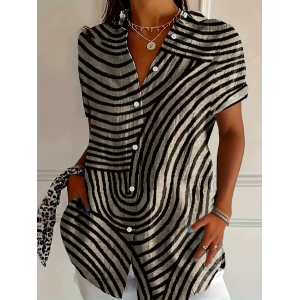 Women Abstract Stripes Short Sleeve Shirt Summer Printing Shirt Collar Daily Casual Top