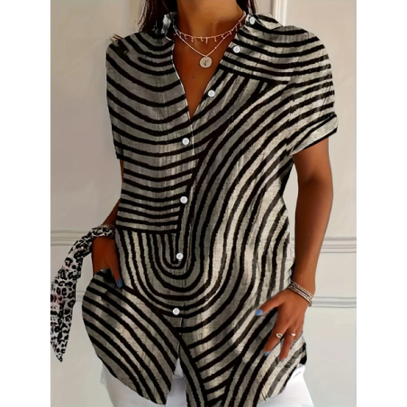 Women Abstract Stripes Short Sleeve Shirt Summer Printing Shirt Collar Daily Casual Top