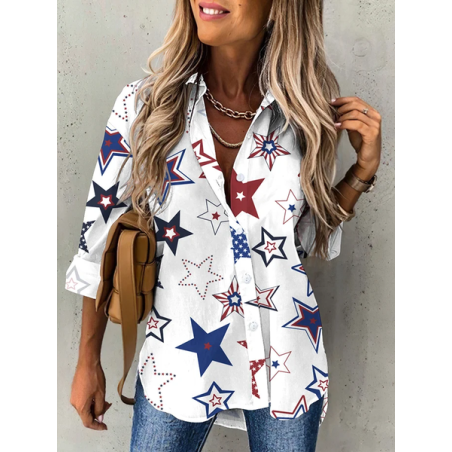 Women Star Long Sleeve Shirt Spring/Fall Printing Shirt Collar Daily Casual Top