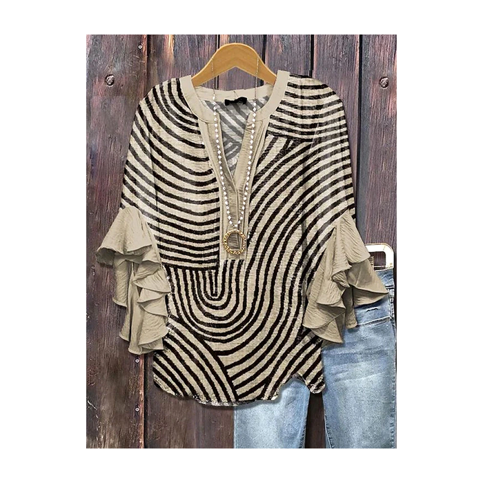 Women Abstract Stripes Half Sleeve Shirt Summer Printing V Neck Daily Casual Top