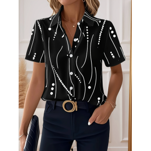 Women Abstract Stripes Short Sleeve Shirt Summer Printing Shirt Collar Daily Casual Top
