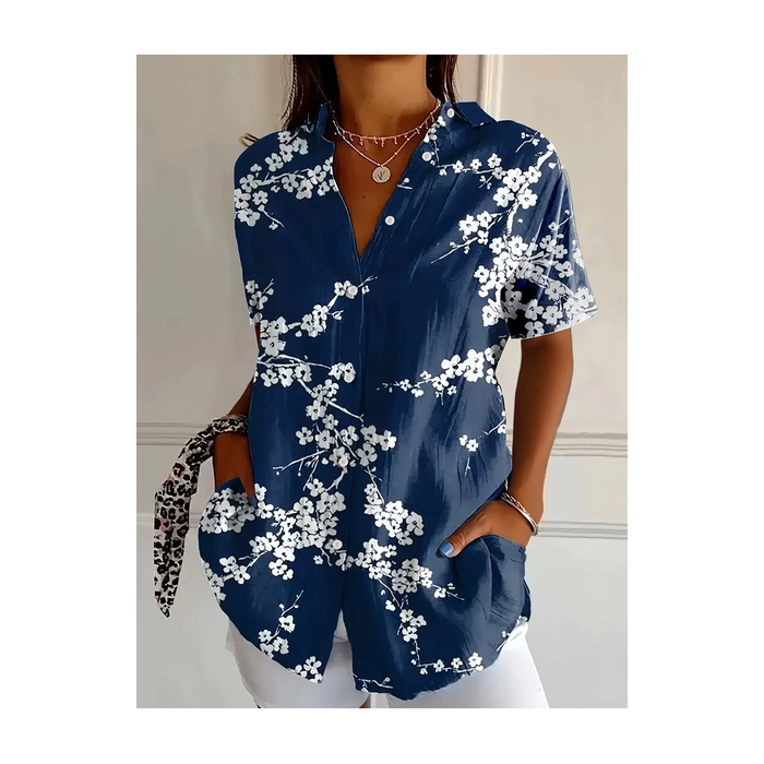 Women Floral Short Sleeve Shirt Summer Printing Shirt Collar Daily Casual Top