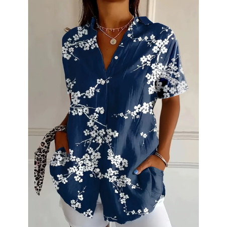 Women Floral Short Sleeve Shirt Summer Printing Shirt Collar Daily Casual Top