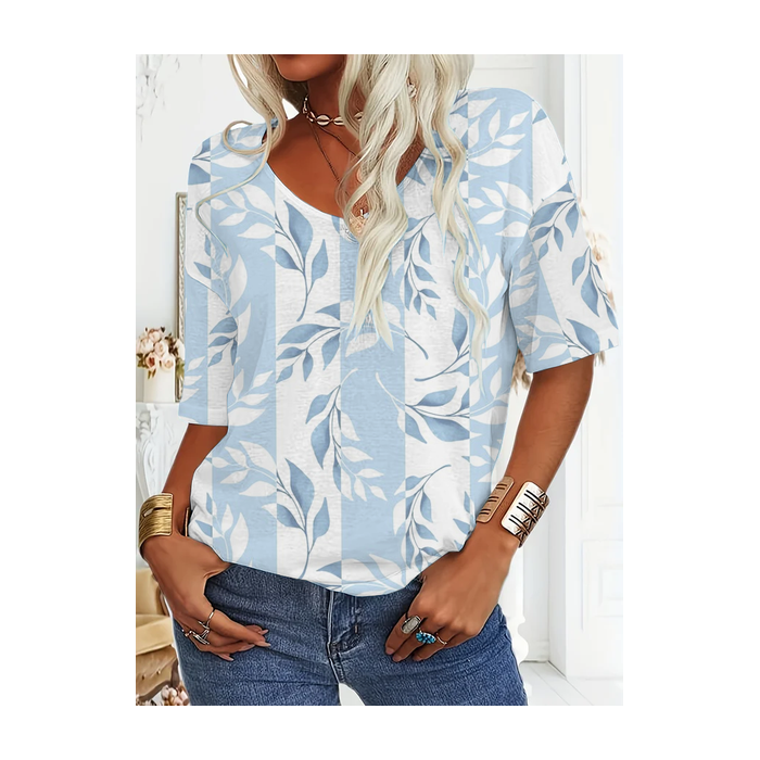 Women Floral Short Sleeve Tee T-shirt V Neck Printing Casual Summer Graphic Tee Top