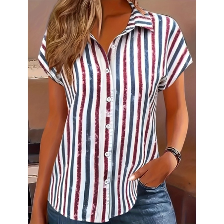 Women Striped Short Sleeve Shirt Summer Printing Shirt Collar Daily Casual Top
