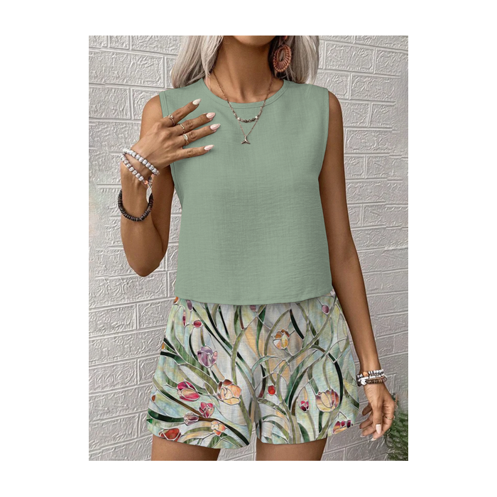 Women Floral Printing Two-Piece Set Daily Sleeveless Casual Summer Multi-Piece Set Matching Set