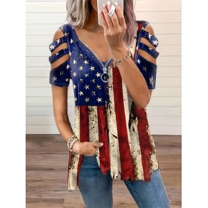 Women Independence Day (Flag) Short Sleeve Tee T-shirt V Neck Printing Vintage Summer Tunic Top
