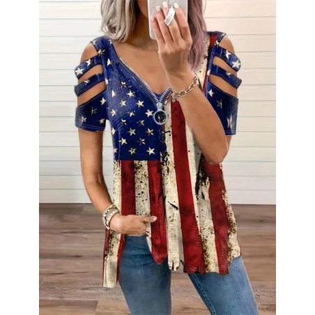 Women Independence Day (Flag) Short Sleeve Tee T-shirt V Neck Printing Vintage Summer Tunic Top
