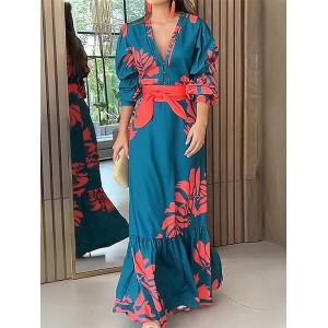 Women Floral Long Sleeve Spring/Fall Printing Dress V Neck Daily Vintage Maxi Ruffle Skirt A-Line Dress