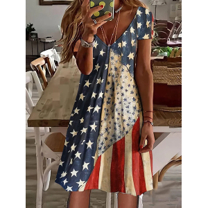 Women Independence Day (Flag) Short Sleeve Summer Printing Dress V Neck Daily Casual Midi Classic A-Line Dress