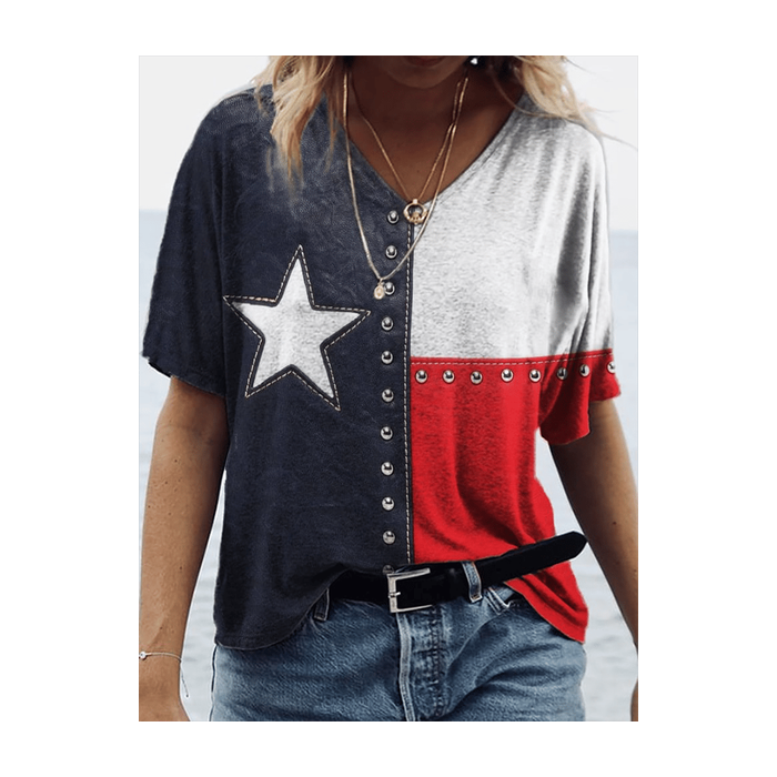 Women Independence Day (Flag) Short Sleeve Tee T-shirt V Neck Printing Casual Summer Graphic Tee Top