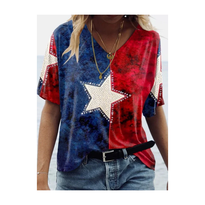 Women Independence Day (Flag) Short Sleeve Tee T-shirt V Neck Printing Casual Summer Graphic Tee Top