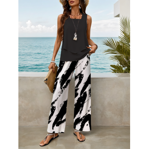 Women Abstract Printing Two-Piece Set Daily Sleeveless Casual Summer Top With Pants Matching Set