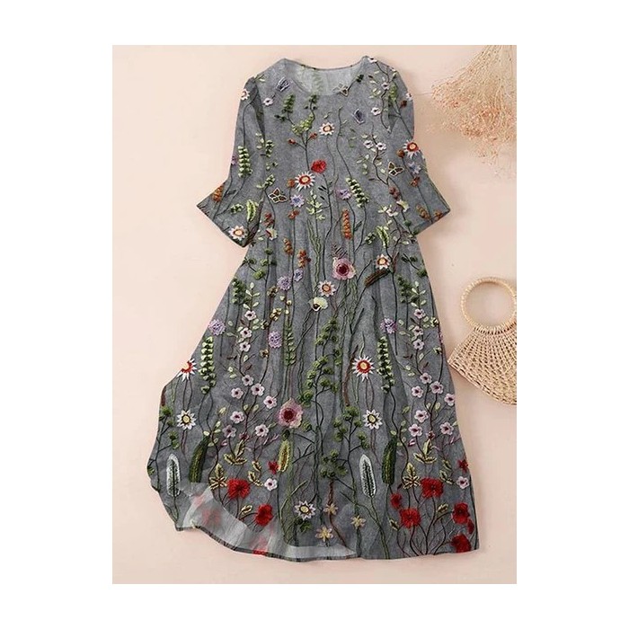Women Floral Three Quarter Sleeve Spring/Fall Printing Dress Crew Neck Daily Casual Maxi Classic H-Line Dress
