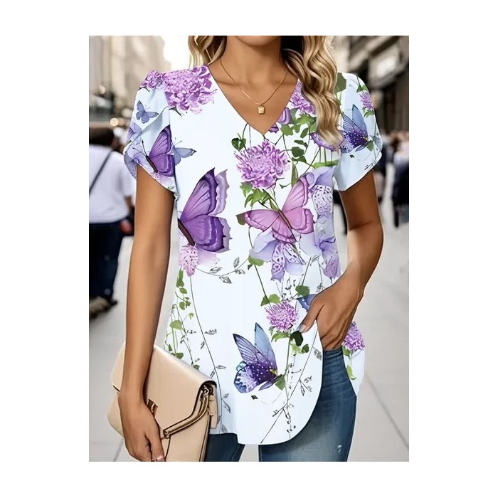 Women Floral Short Sleeve Tee T-shirt V Neck Printing Casual Summer Graphic Tee Top