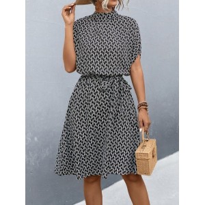 Women Geometric Short Sleeve Summer Printing Dress Crew Neck Daily Vintage Midi Tunic A-Line Dress
