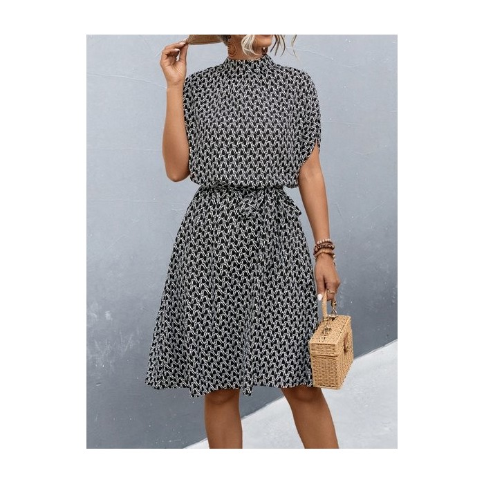 Women Geometric Short Sleeve Summer Printing Dress Crew Neck Daily Vintage Midi Tunic A-Line Dress