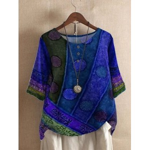 Women Geometric Short Sleeve Tee T-shirt V Neck Vintage Summer Top