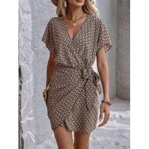 Women Geometric Short Sleeve Summer Asymmetric Dress V Neck Dolman Sleeve Daily Vintage Midi Tank A-Line Dress