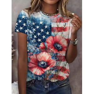 Women Floral Short Sleeve Tee T-shirt Crew Neck Printing Casual Summer Graphic Tee Top