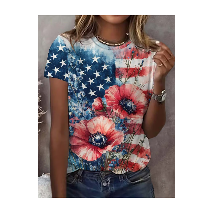 Women Floral Short Sleeve Tee T-shirt Crew Neck Printing Casual Summer Graphic Tee Top