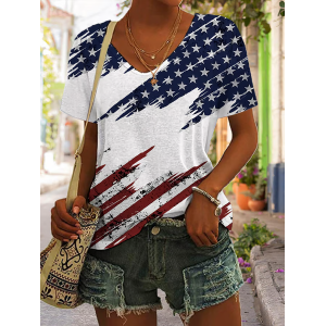 Women Independence Day (Flag) Short Sleeve Tee T-shirt V Neck Printing Casual Summer Graphic Tee Top
