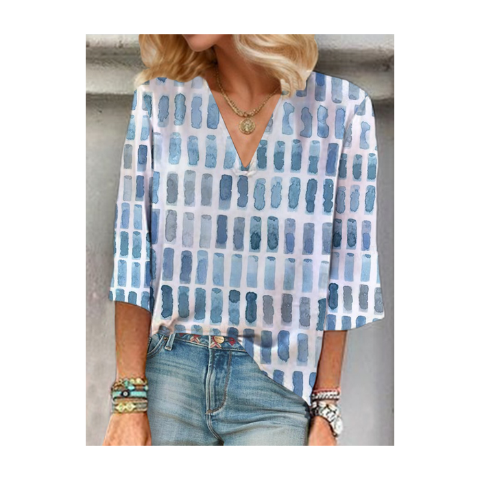 Women Geometric Three Quarter Sleeve Blouse Spring/Fall Printing V Neck Daily Casual Top