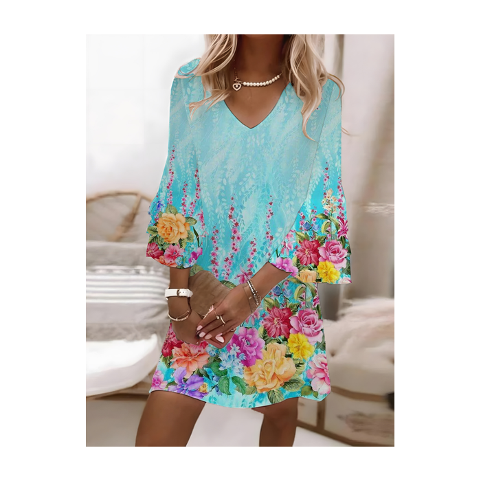 Women Floral Half Sleeve Summer Printing Dress V Neck Daily Casual Maxi H-Line Dress