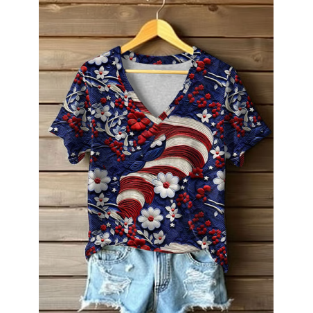 Women Floral Short Sleeve Tee T-shirt V Neck Printing Casual Summer Graphic Tee Top