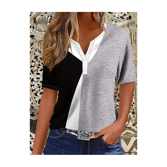 Women Contrast Stitching Short Sleeve Tee T-shirt Crew Neck Printing Casual Summer Graphic Tee Top