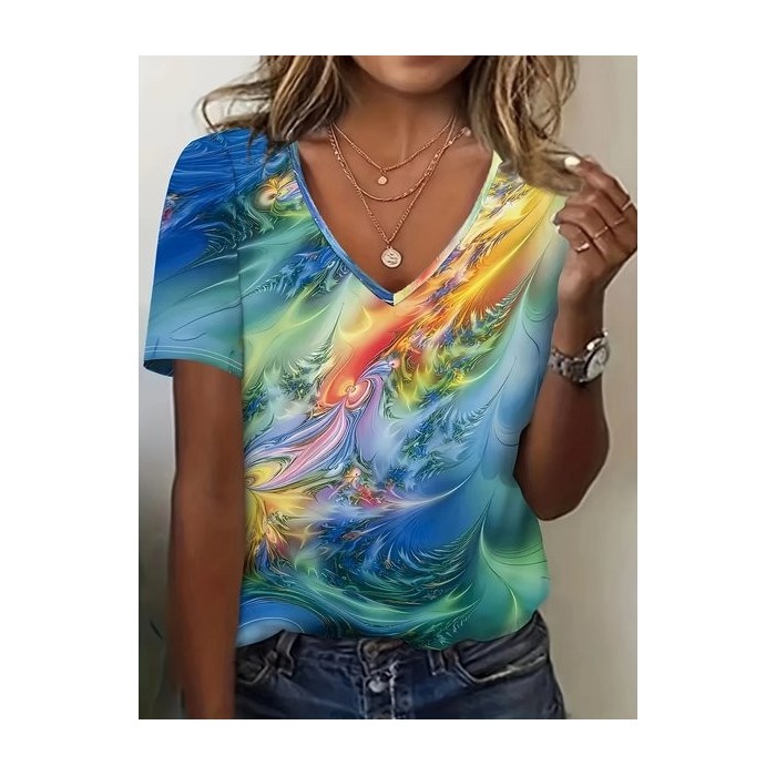 Women Abstract Short Sleeve Tee T-shirt V Neck Printing Casual Summer Graphic Tee Top