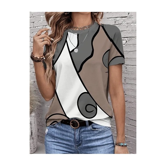 Women Abstract Short Sleeve Tee T-shirt Crew Neck Printing Casual Summer Graphic Tee Top