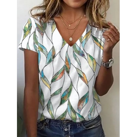 Women Floral Short Sleeve Tee T-shirt V Neck Printing Casual Summer Graphic Tee Top