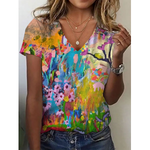 Women Floral Short Sleeve Tee T-shirt V Neck Printing Casual Summer Graphic Tee Top