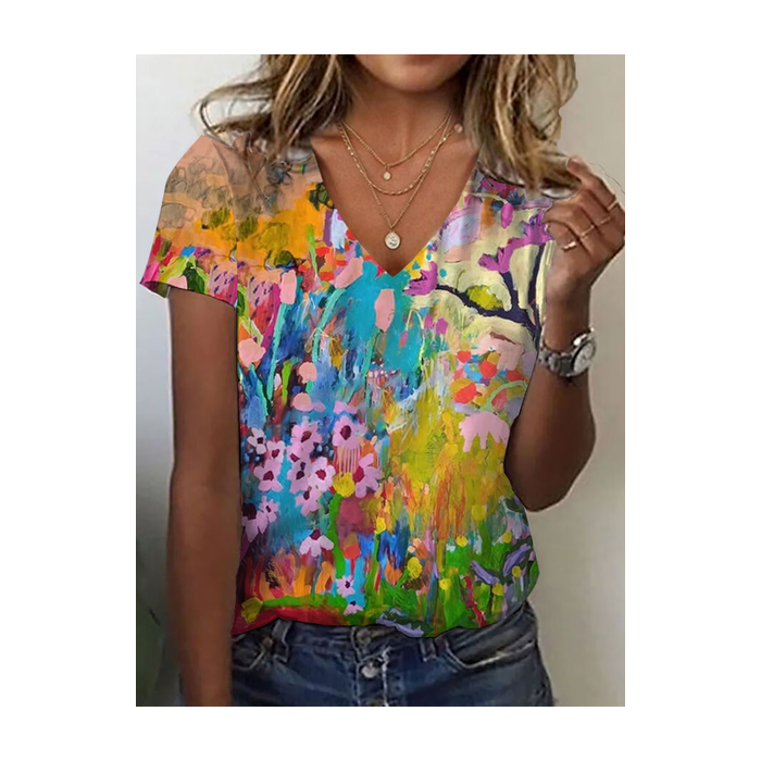 Women Floral Short Sleeve Tee T-shirt V Neck Printing Casual Summer Graphic Tee Top