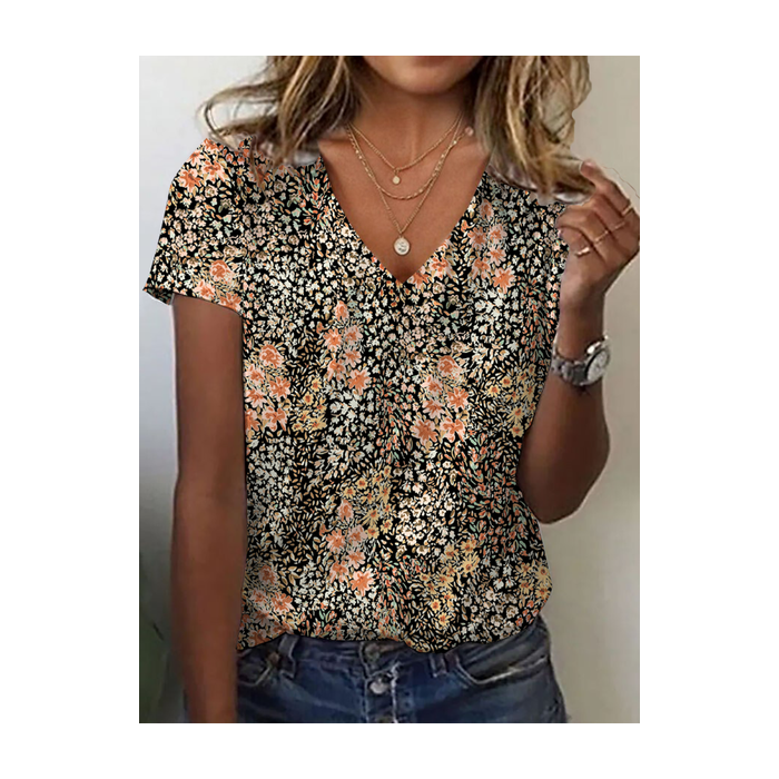 Women Floral Short Sleeve Tee T-shirt V Neck Printing Casual Summer Graphic Tee Top