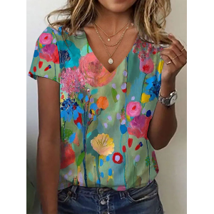 Women Floral Short Sleeve Tee T-shirt V Neck Printing Casual Summer Graphic Tee Top