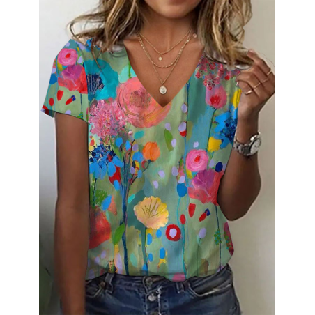 Women Floral Short Sleeve Tee T-shirt V Neck Printing Casual Summer Graphic Tee Top